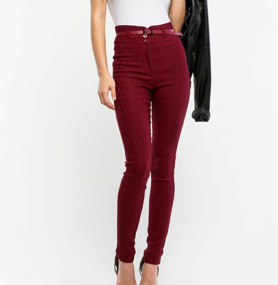 A'gaci textured belted high waist burgundy pants medium - Picture 1 of 7